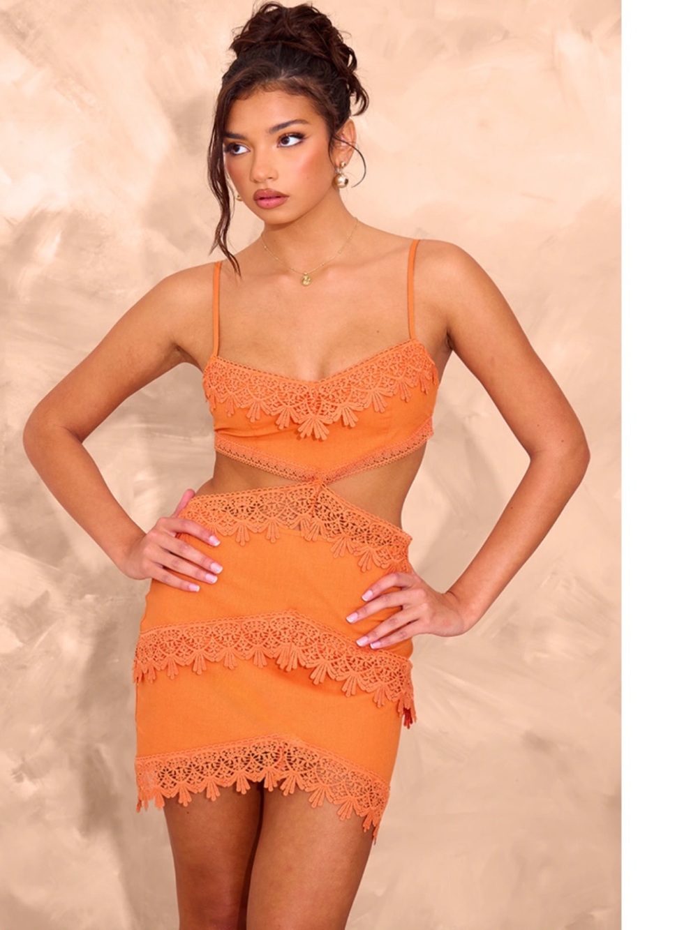 Women's Orange Lace-Trim Cutout Mini Skirt
